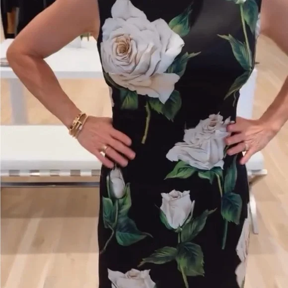 Dolce & Gabbana Black Midi Dress with White Rose Print - Picture 2 of 8